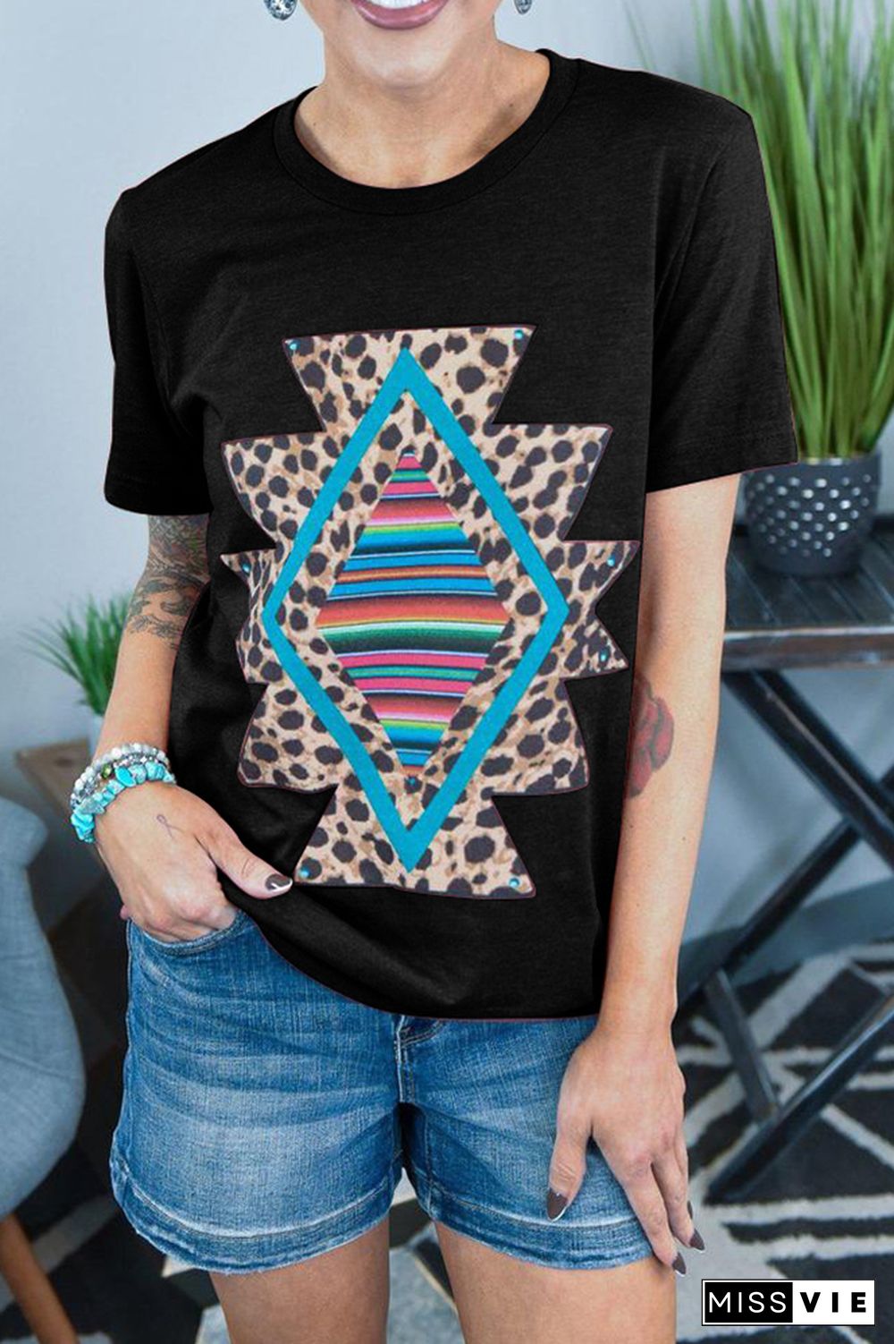 Aztec and Leopard Print Graphic Tees for Women Wholesale Short Sleeve T shirts Top