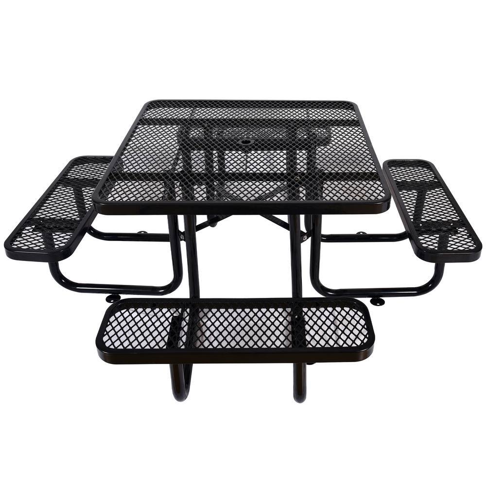 Cesicia Black 82.9 in. Square Outdoor Steel Picnic Table with Umbrella Pole in Black M23od526Mc12