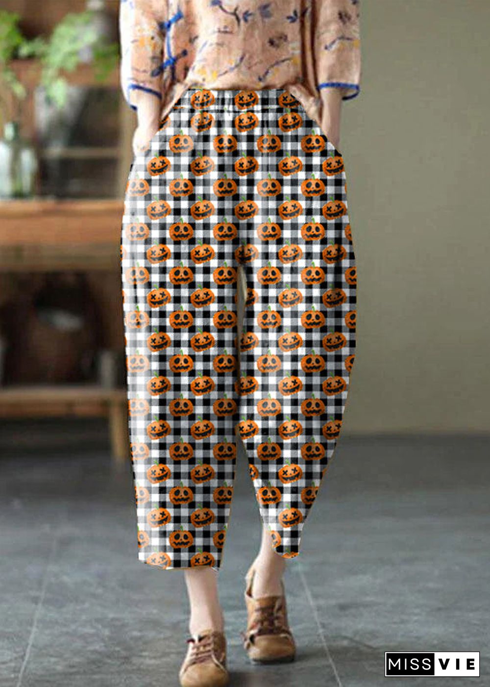 Natural yellow-half pattern Elastic Waist Summer Linen Harem Pants