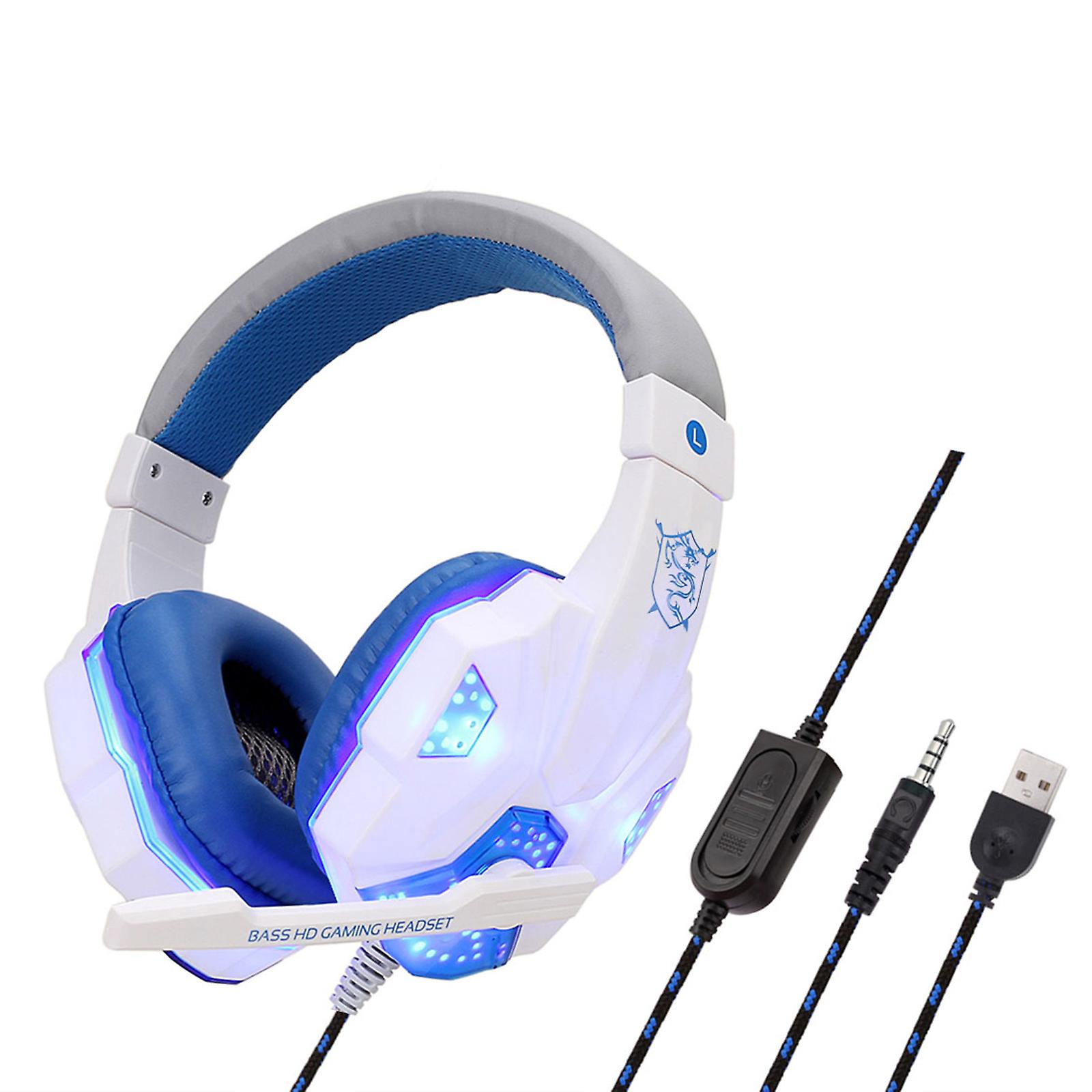 Sy830mv Wired Computer Gaming Headphones Over-ear Game Headset With Microphone Aux+usb Port Volume Control For Pc Silver White Light