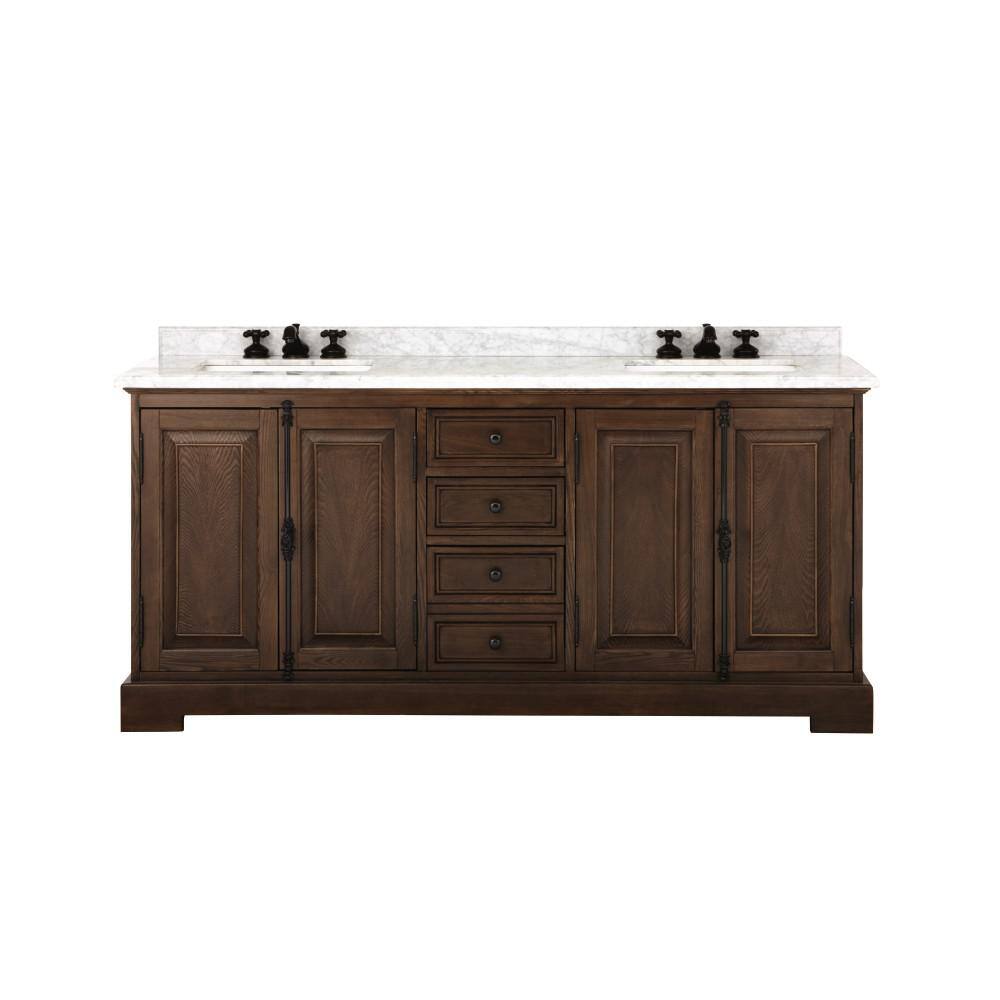 Home Decorators Collection Clinton 72in W x 22in D x 35in H Bath Vanity in Antique Coffee Double White Sinks w White Marble Top 9785100800