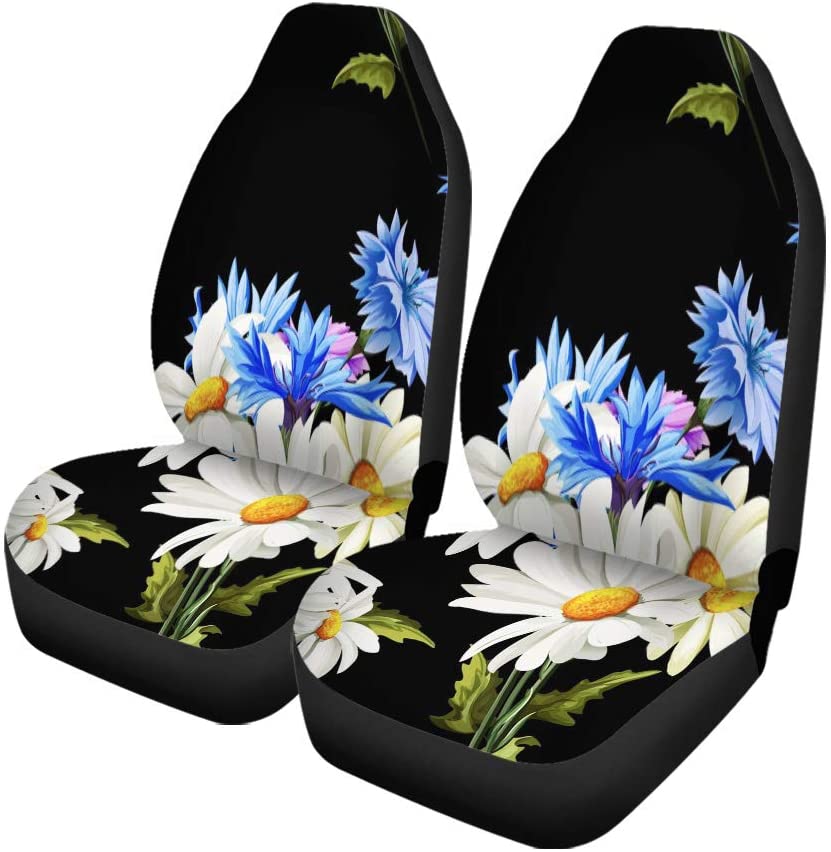 FMSHPON Set of 2 Car Seat Covers Watercolor Flowers of Chamomile Camomile Cornflowers on Black Blue Universal Auto Front Seats Protector Fits for Car，SUV Sedan，Truck