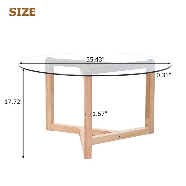 35 in. Round Glass Coffee Table Cocktail Table with Top and Wood Base