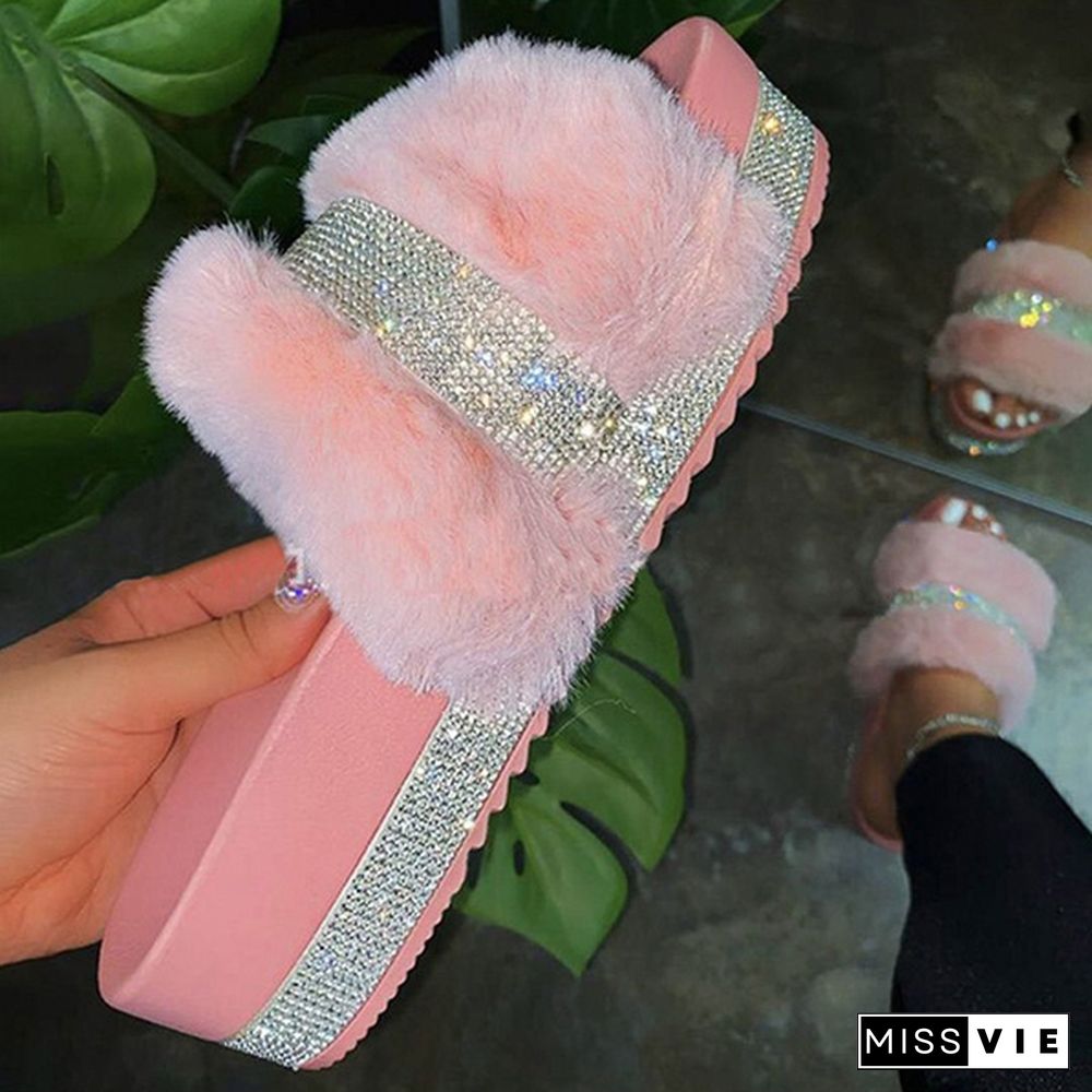 Women's Fashion Furry Slippers Platform Rhinestone Slippers