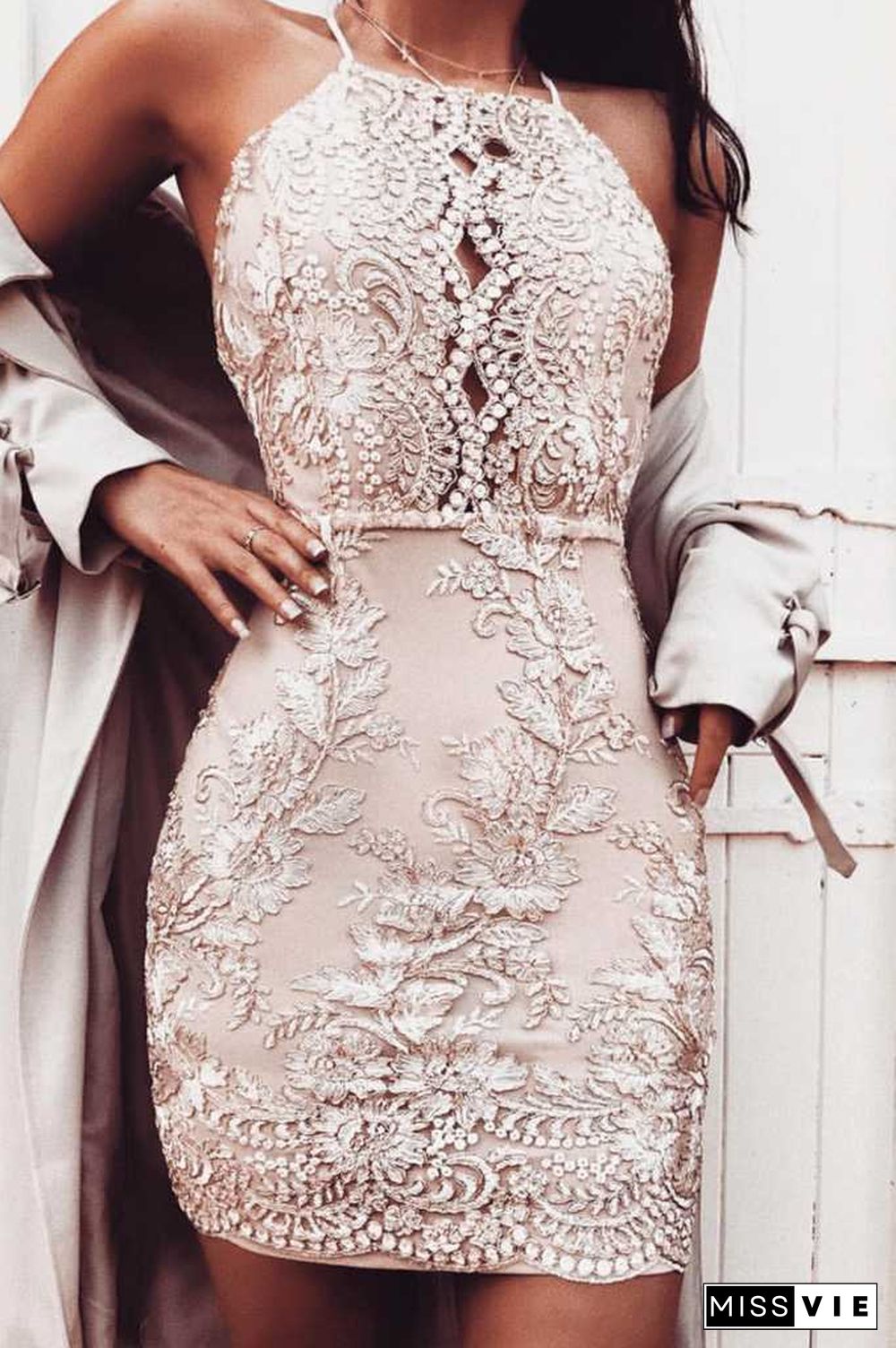 Handmade Embellished Mesh Rose Gold Backless Bodycon Dress