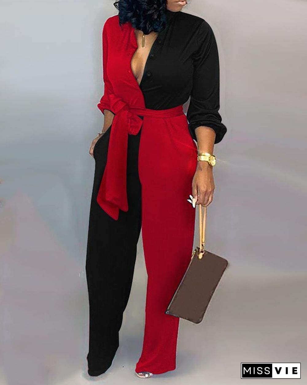 Colorblock Long Sleeve Knotted Jumpsuit P10958