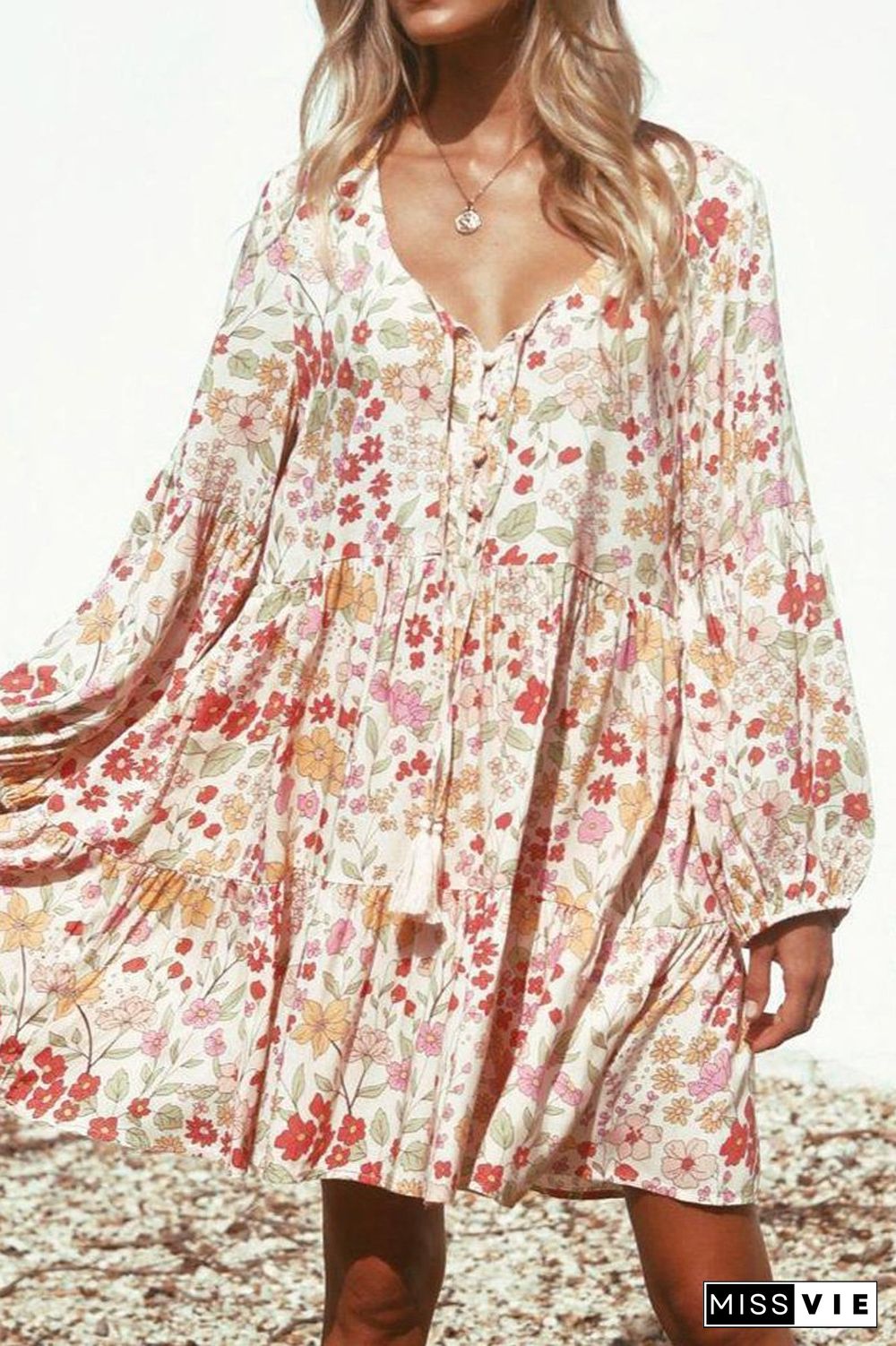 Floral Printed V-Neck Tassel Dress