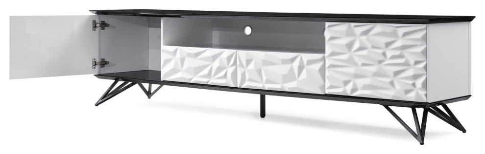 86.5 quotModern Vortice TV Stand Black and White Lacquer Matte Black Metal Legs   Midcentury   Entertainment Centers And Tv Stands   by Zuri Furniture  Houzz