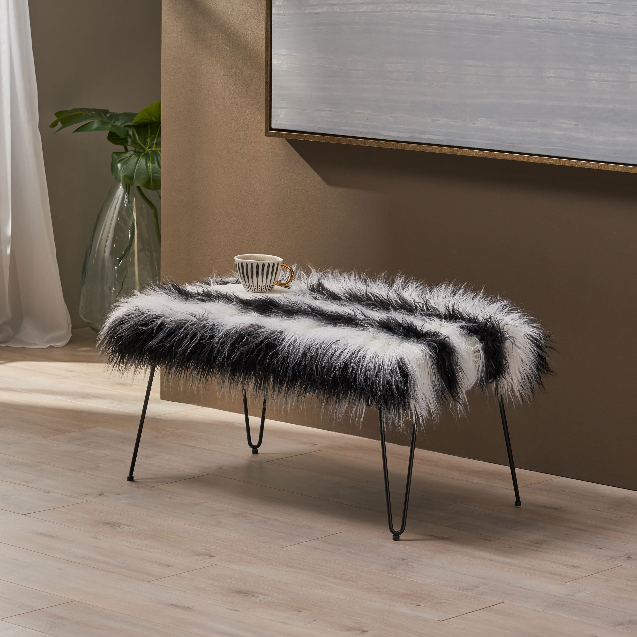 Louise Faux Fur Bench with Hairpin Legs