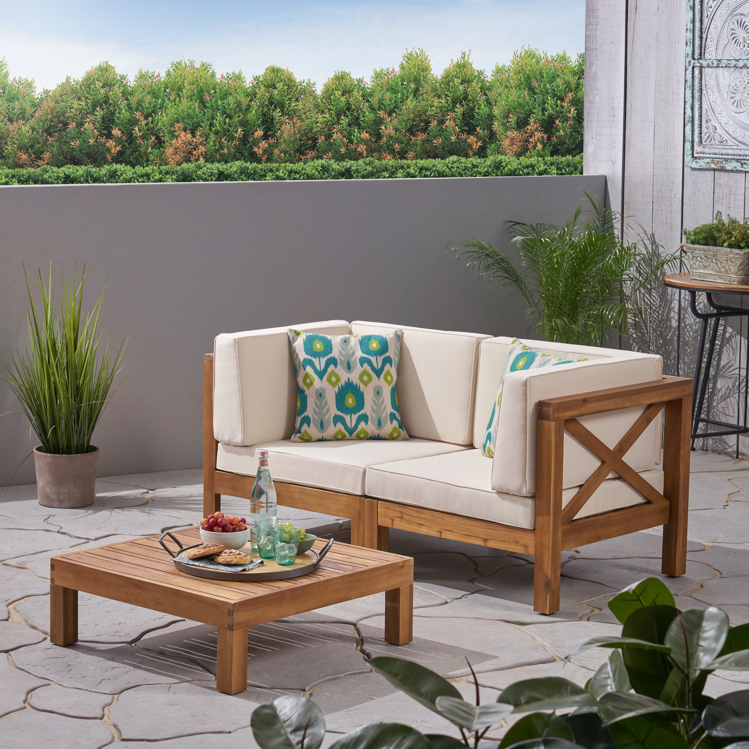 Brava Outdoor Modular Acacia Wood Sofa with Cushions and Coffee Table Set