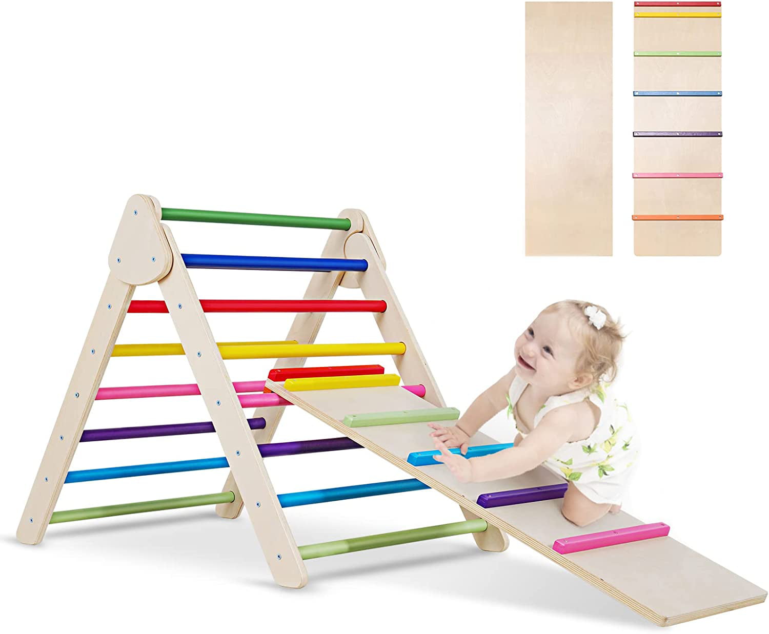 Montessori Climber with Ramp，Indoor Montessori Climbing Toys for Kids， Climbing Triangle Pickler Wood Ramp for Toddlers， Foldable Toddler Pikler Gym(Middle) (Iridescence)…