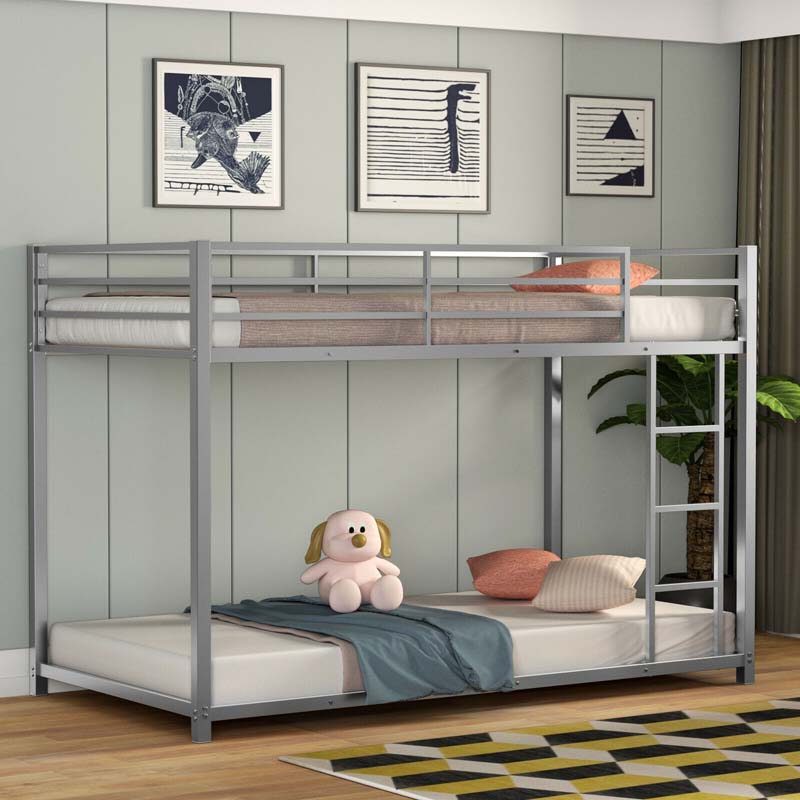 Metal Bunk Bed Twin Over Twin, Classic Bunk Bed Frame Platform with Side Ladder & Safety Guardrail