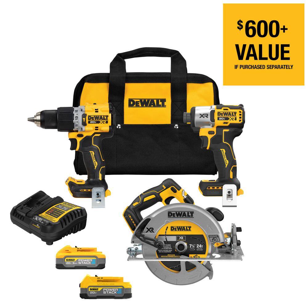 DW 20V MAX Lithium-Ion Cordless 3-Tool Combo Kit with 5.0Ah Battery 1.7AH Battery and Charger DCK303E1H1