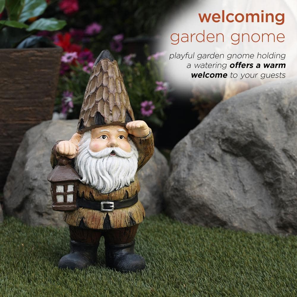 Alpine Corporation 16 in. H Indoor/Outdoor Garden Gnome with Lantern Statue, Brown YEN578HH