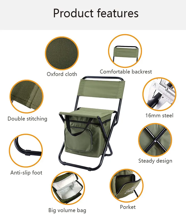 Outdoor Portable Lightweight Backrest Stool Compact Folding Camp Fishing Chair with Cooler Bag