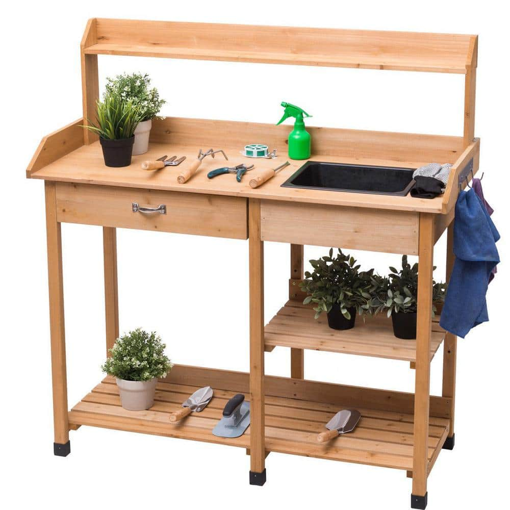 FORCLOVER 48 in. Tall Indoor/Outdoor Yellow Fir Wood Potting Bench Storage Table Shelf CTW-GT3203