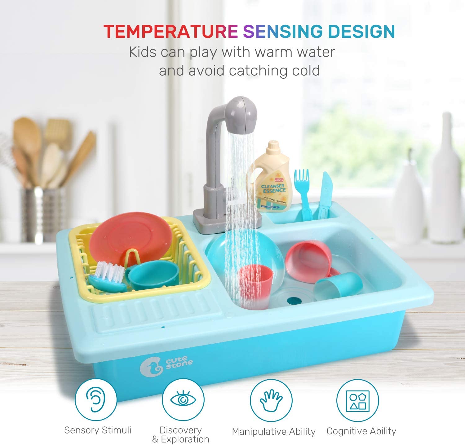 CUTE STONE Color Changing Kitchen Sink Toys， Children Heat Sensitive Electric Dishwasher Playing Toy with Running Water， Automatic Water Cycle System Play House Pretend Role Play Toys for Boys Girls