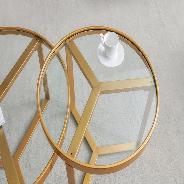 Modern coffee table，Golden metal frame with round tempered glass tabletop