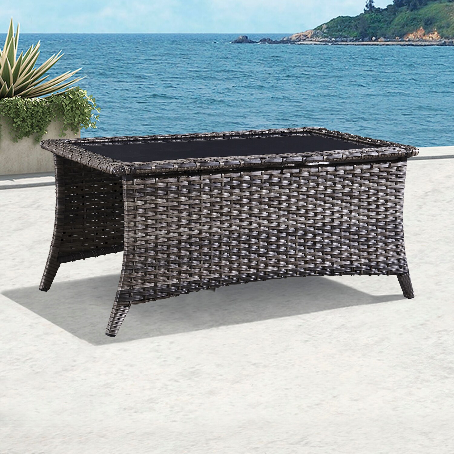 Outdoor Wicker Coffee Table Glass Top Table End Table