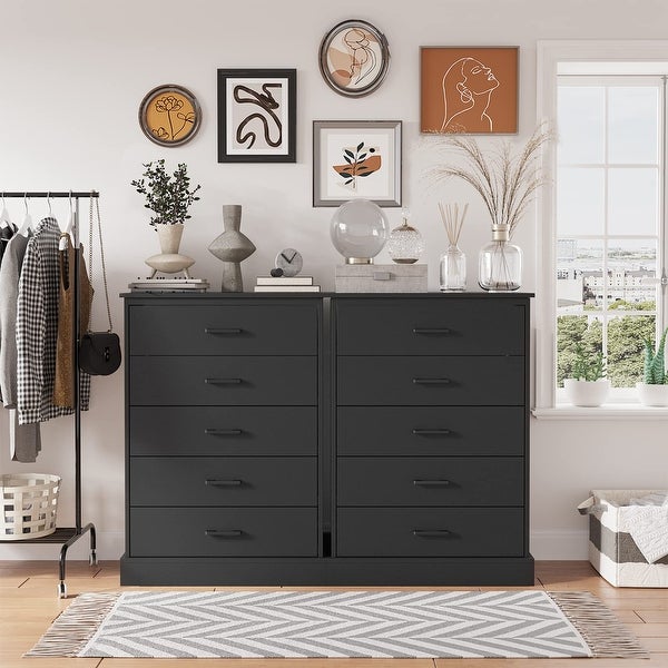 Black 5 Drawer Dresser for Bedroom， Tall Dresser with Sturdy Base， Wooden Large Capacity Storage Cabinet - as picture - - 37668211