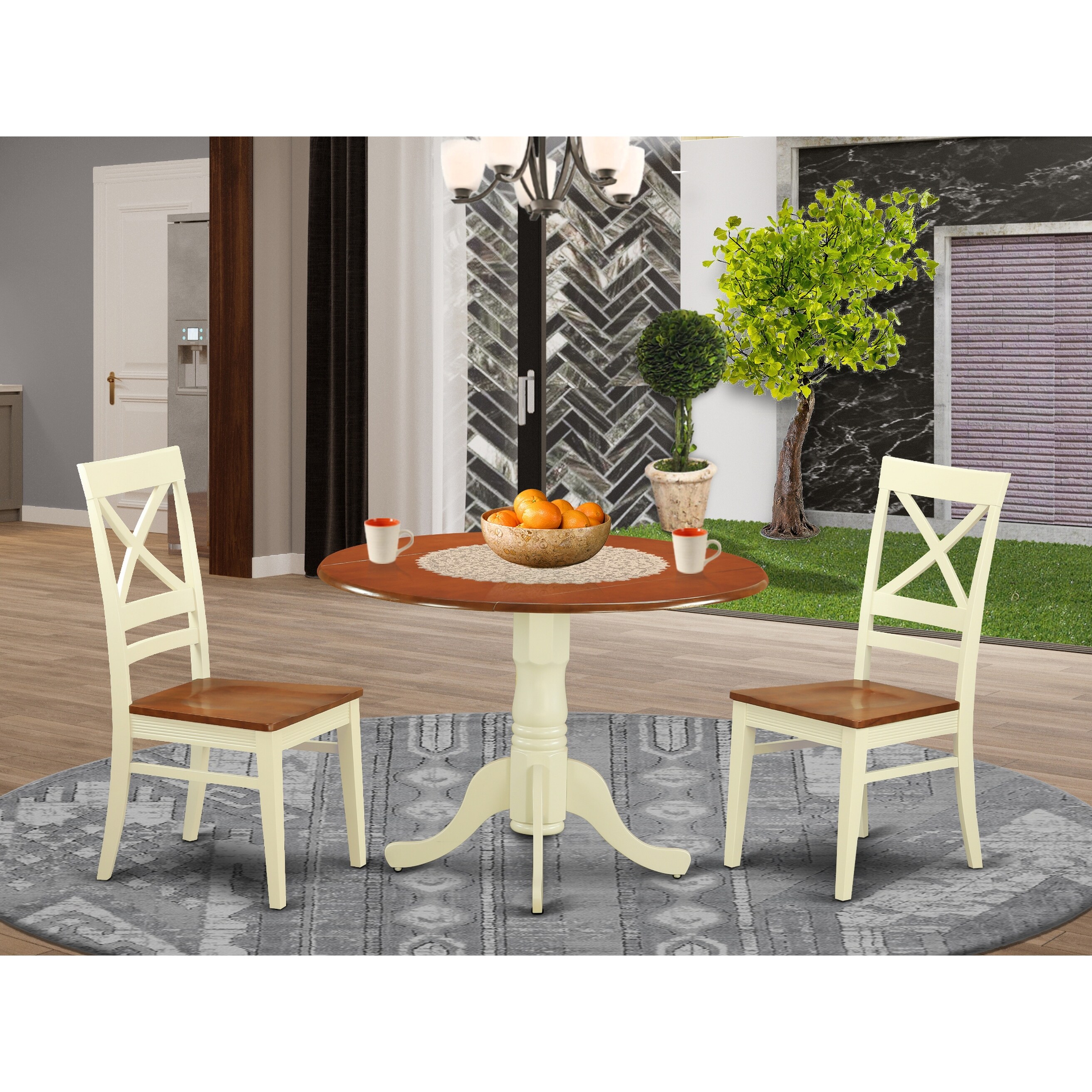 3-Pieces Kitchen Table Set Contains a Pedestal Dining Table and 2 Wooden Dining Chairs (Finish Option)