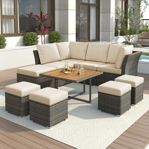 UStyle 9Piece Outdoor Conversation Set with Solid Wood Coffee Table，Ottomans，and Cushions