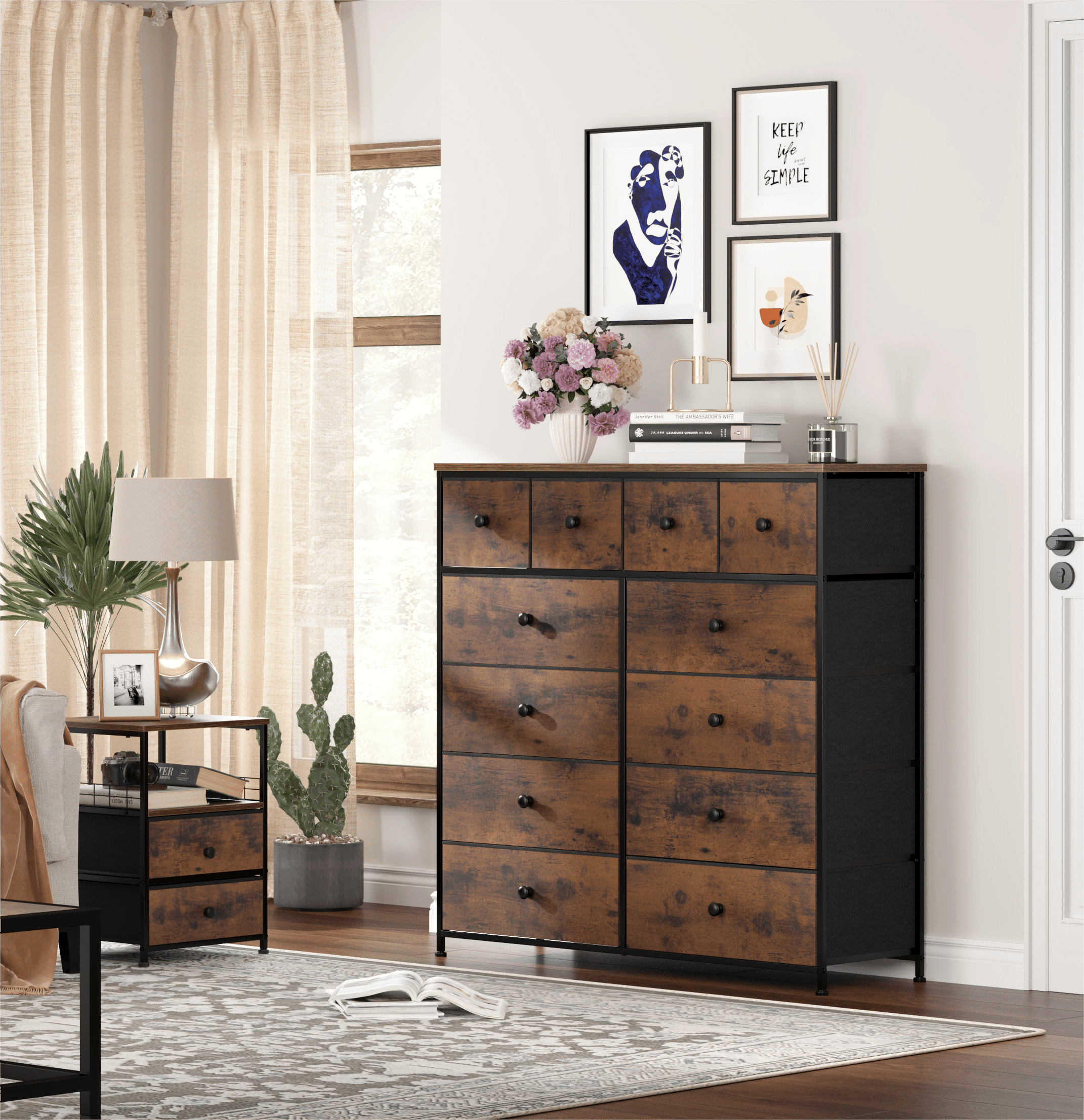 EnHomee Dresser for Bedroom Chest of Drawer Fabric Drawer Dresser Tall Dresser Big Storage Dresser Tower with 12 Fabric Bins Wood Top & Metal Frame for Closet Entryway Living Room Office Rustic Brown