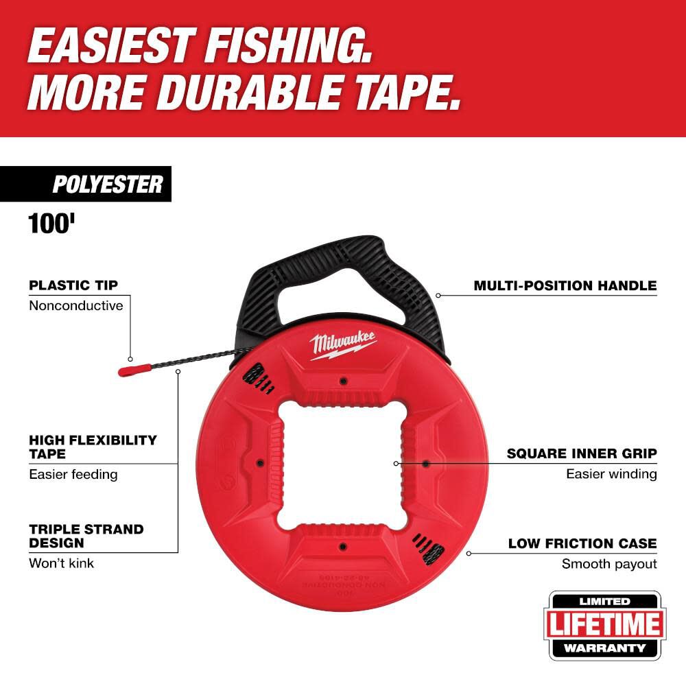 MW 100 Ft. Polyester Fish Tape with Non-Conductive Tip 48-22-4165 from MW