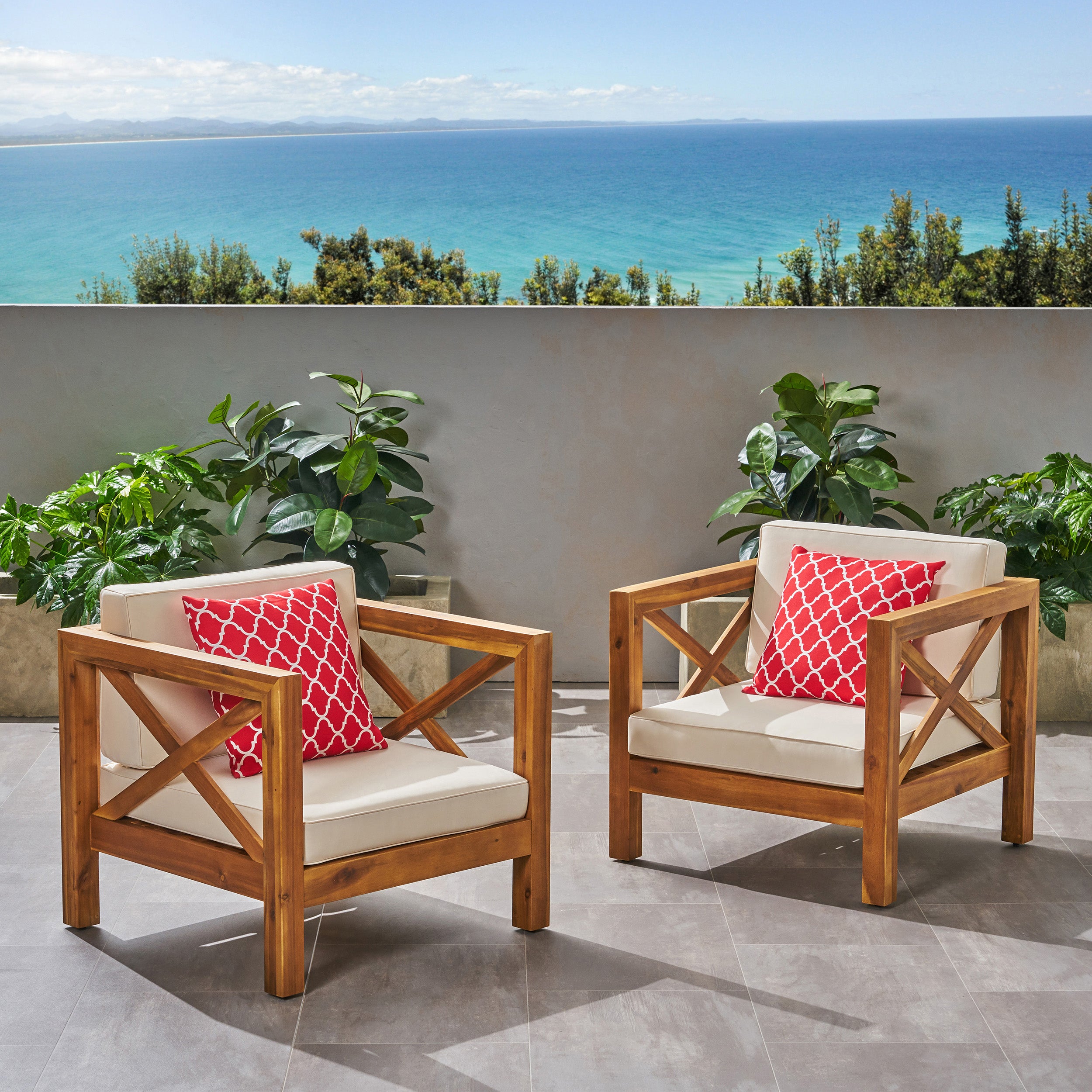 Indira Outdoor Acacia Wood Club Chairs with Cushions (Set of 2)