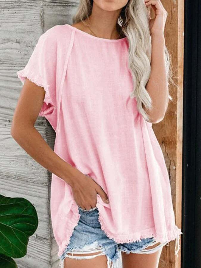 Casual Short Sleeve Solid Color Fringe Top