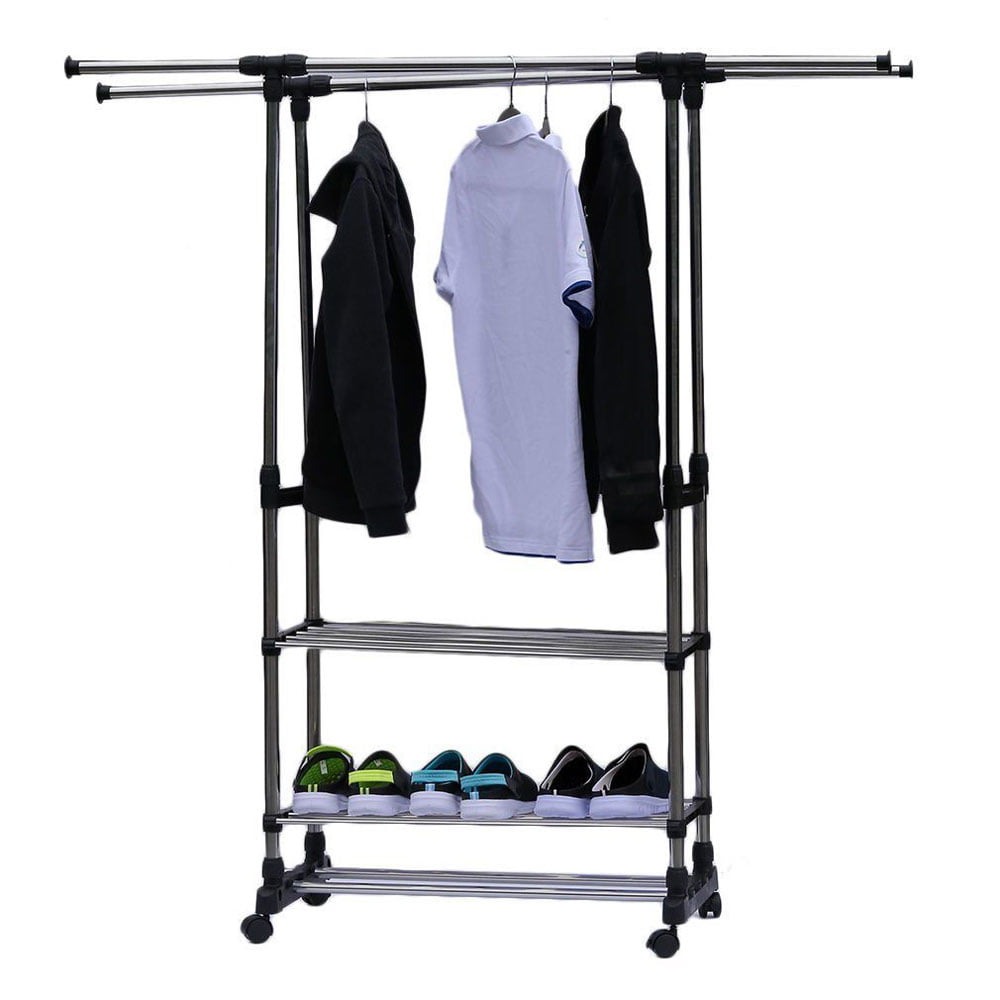 Ktaxon Clothing Garment Rack Adjustable Height Double Hanging Rail with 3-Tier Shelves