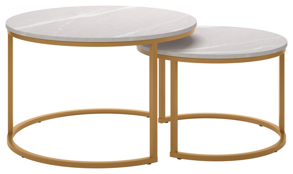 Fort Worth Gold Metal Leg Round Marbled Finish Nesting Coffee Tables   Contemporary   Coffee Table Sets   by CorLiving Distribution LLC  Houzz