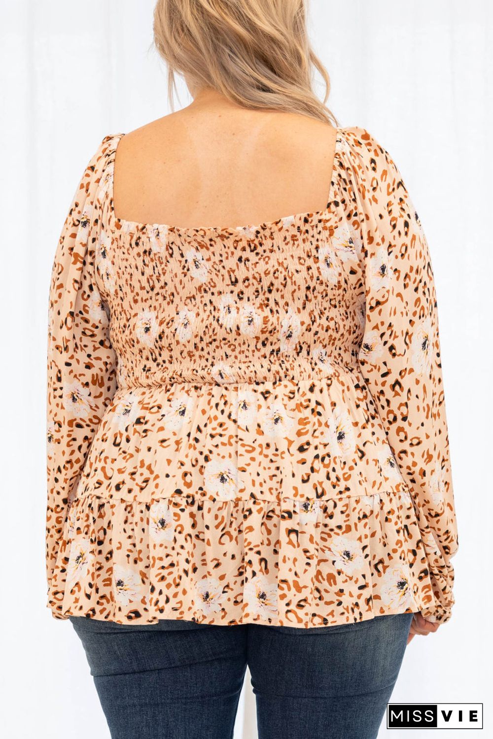 Khaki Square Neck Floral Leopard Smocked Bust Plus Size Blouse