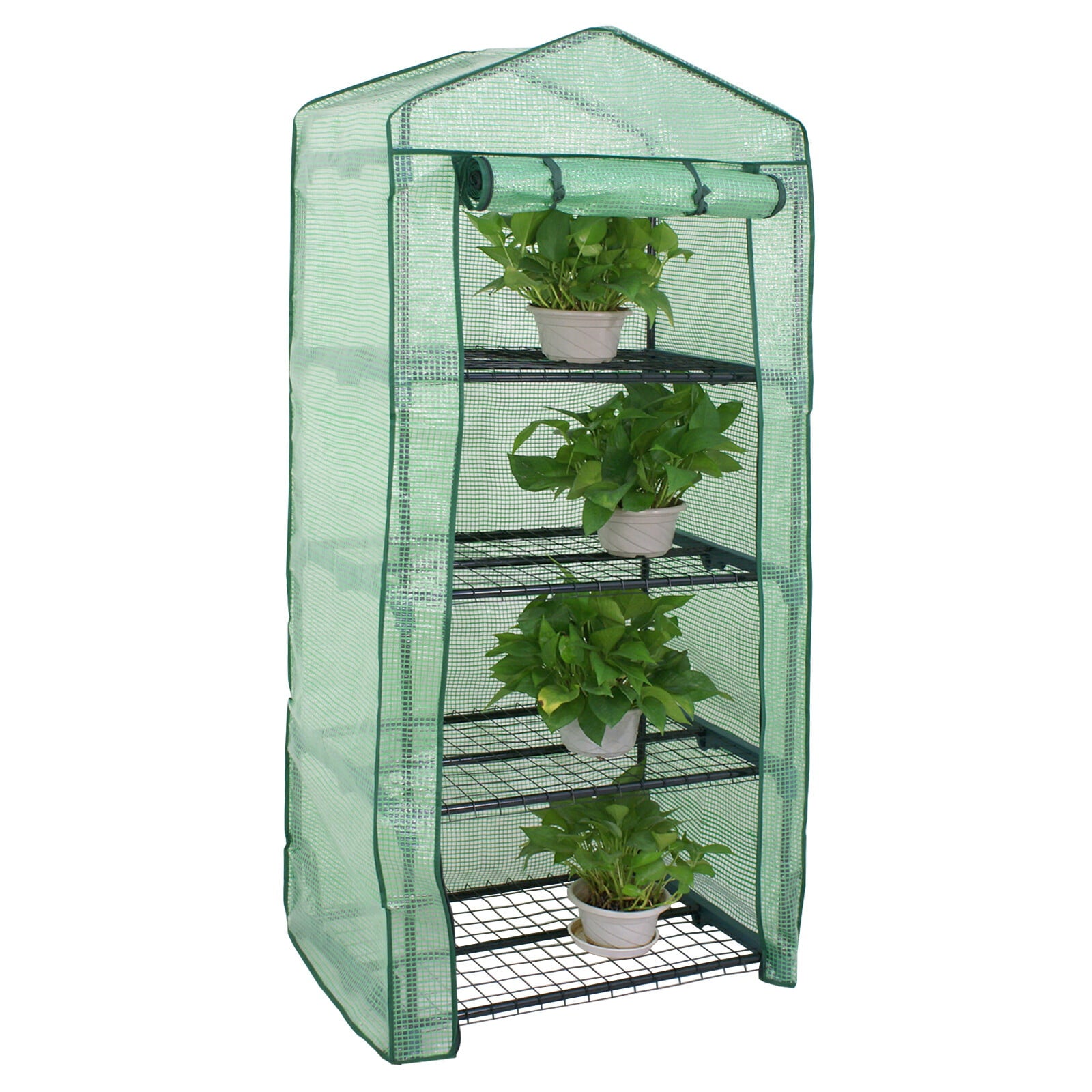 ZenSports 4-Tier Portable Mini Greenhouse - Indoor Outdoor Small Plant Gardening Canopy, W/ PE Cover & Roll-up Zipper Door, Waterproof, 27