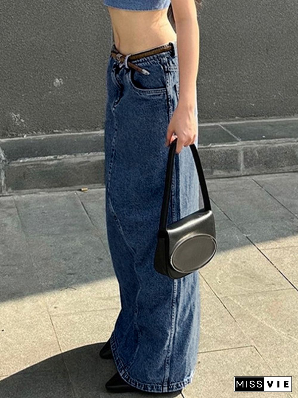 Splice Back Slit Denim Midi Skirt