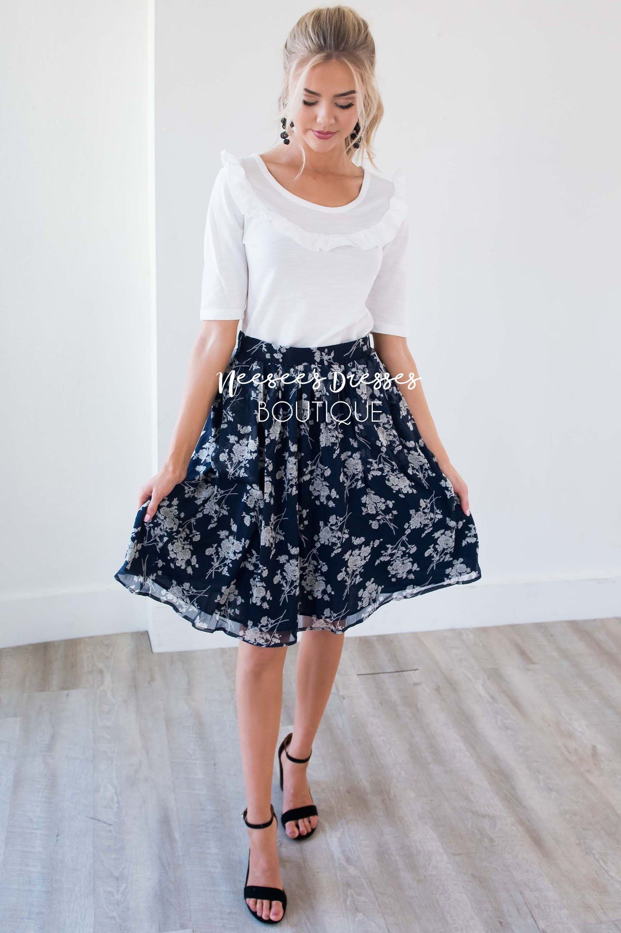 Navy & Cream Floral Chiffon Skirt