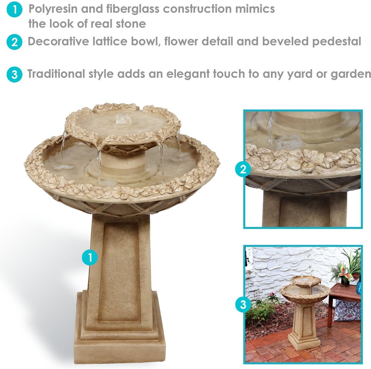 Sunnydaze Decor 2-Tier Beveled Flower Birdbath Water Fountain