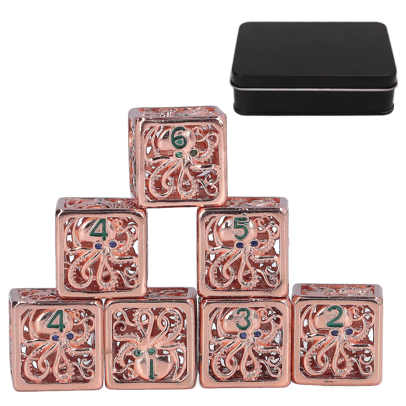 7pcs Hollow Octopus Carved Pattern Dice Holiday Party Square Metal Dice Set Props for Role Playing Games Antique Red Copper