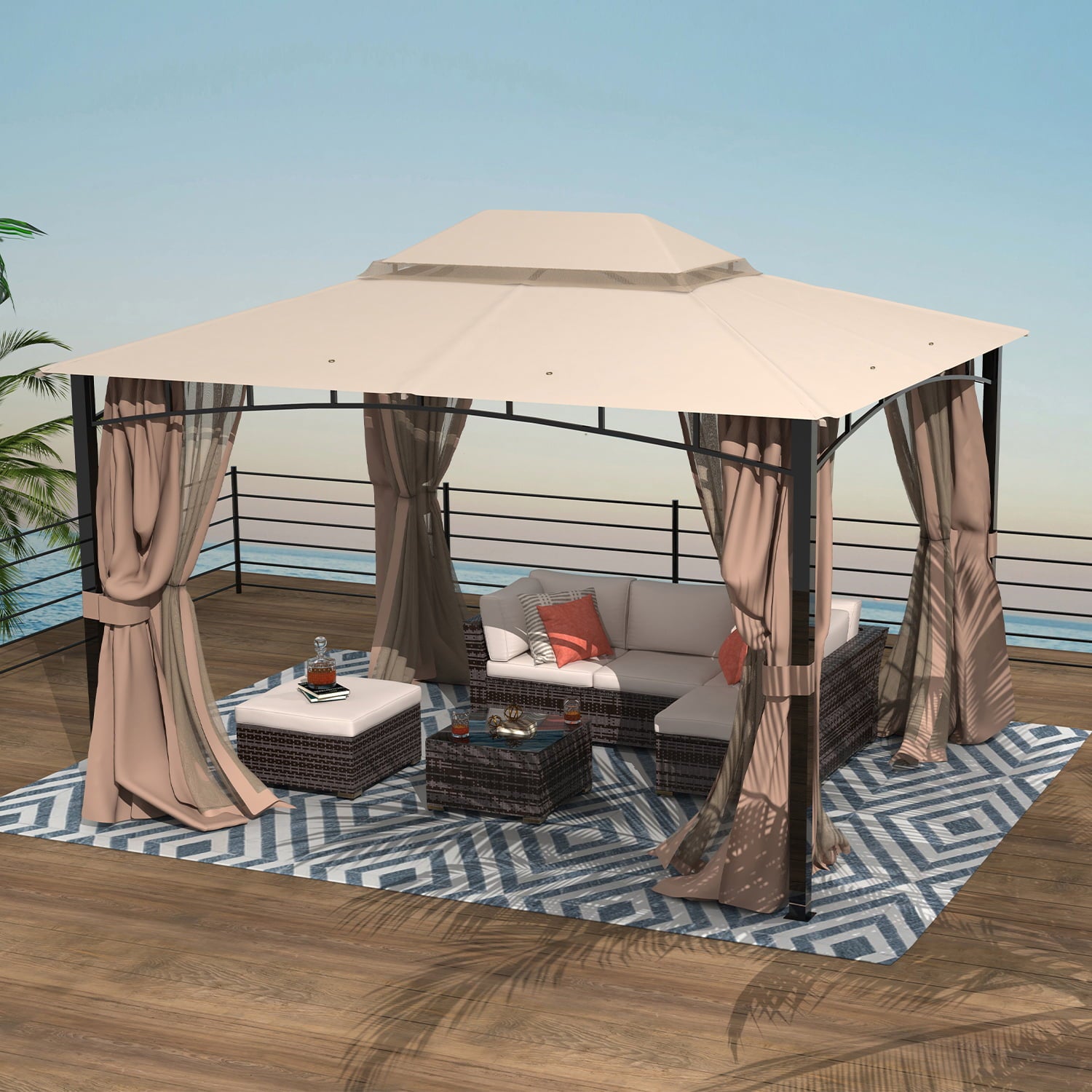 Finefind 10x12 Patio Gazebo with Mosquito Netting Outdoor Gazbeo Canopy Backyard Double Roof Vented, Sand