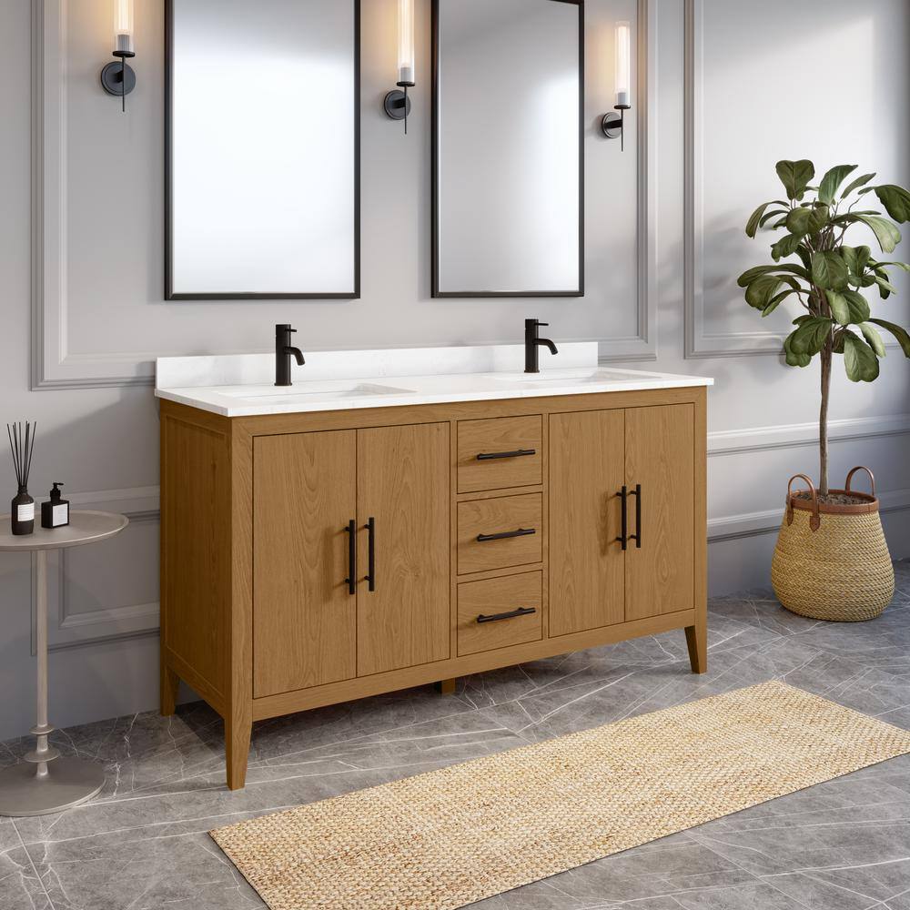 ART BATHE Vienna 60 in. W x 22 in. D Bath Vanity in White Oak Diamond Quartz Top with White Sink Power Bar and Drawer Organizer VA60WO