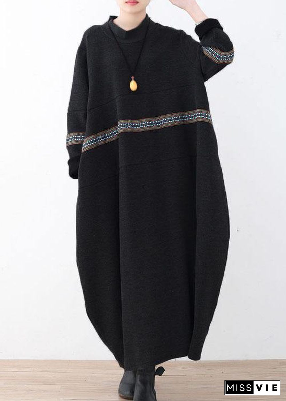 Simple Black Patchwork Print Loose Fall Dress