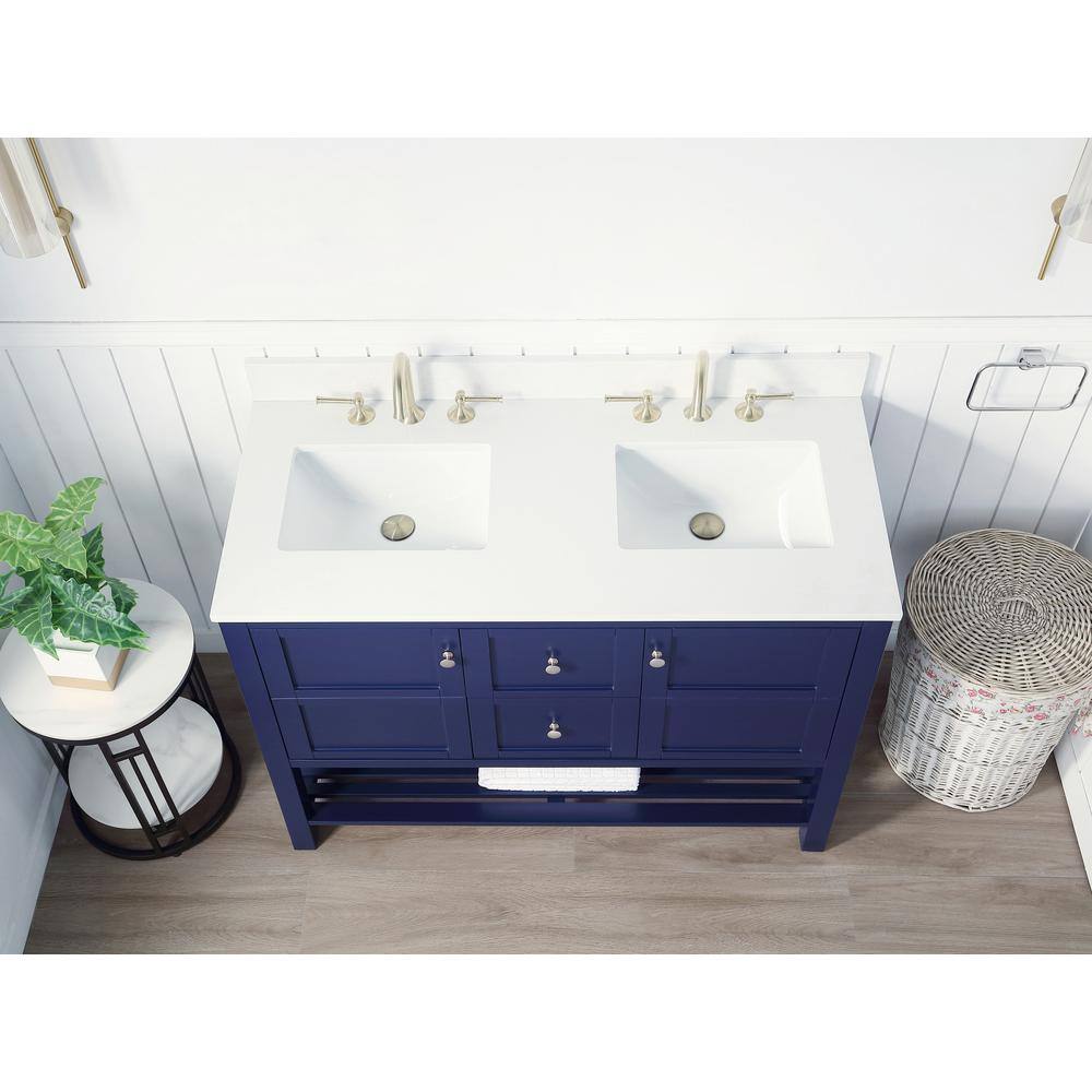 SUPREME WOOD Palisade 48 in. W x 22 in. D x 35.7 in. H Bath Vanity in Navy Blue with Quartz Vanity Top in White with White Basins 22048D-CAB-DB-SQ