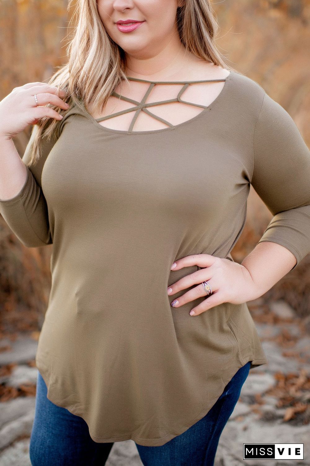 Brown 3/4 Sleeve Cut out Neckline Plus Size Top