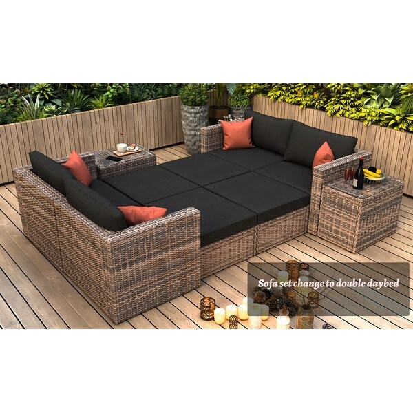 10 Pieces Outdoor Sectionals Sofa Patio Garden Brown Wicker Conversation Set with Black Cushions and Red Pillows for Poolside - Overstock - 37846946