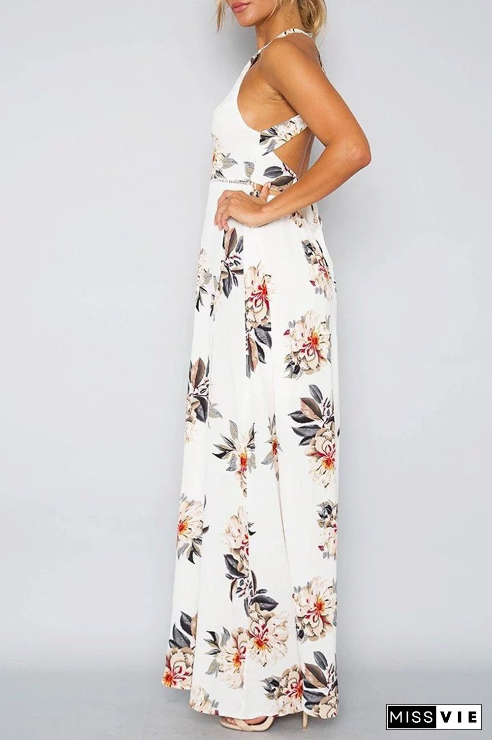 Elegant Floral Backless Slit Strap Design Halter Dresses(3 Colors)