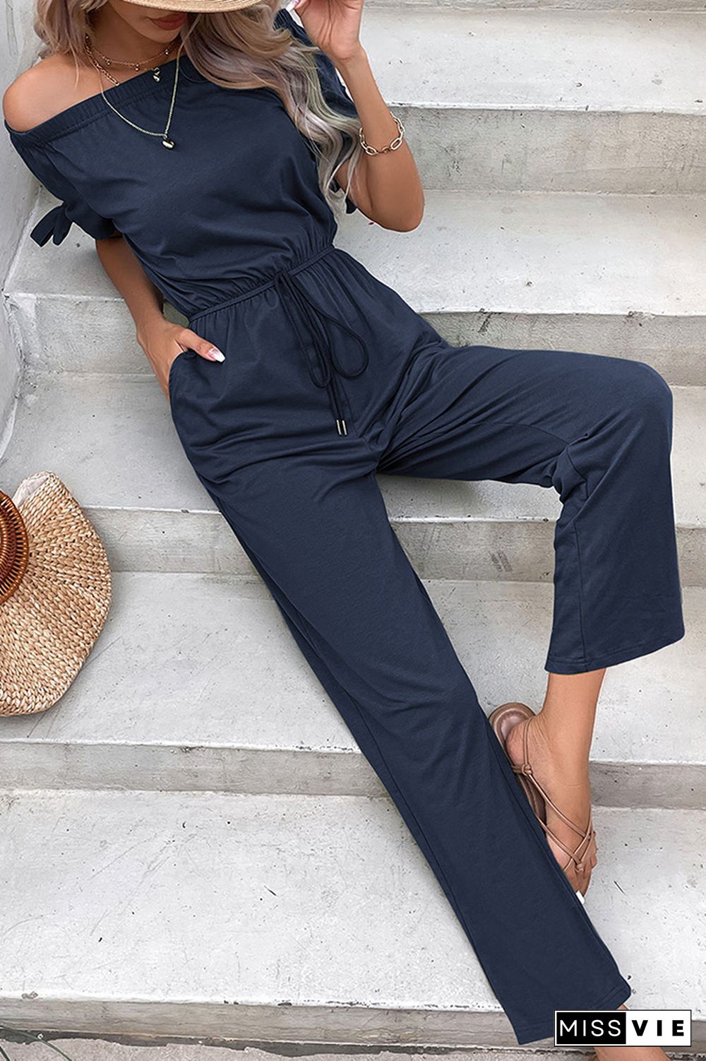 Plain Off Shoulder Drawstring Jumpsuit