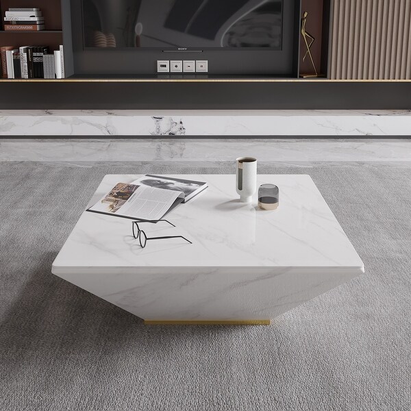 Modern Square Drum Coffee Table， Trapezoid White Marble Coffee Table For Living Room