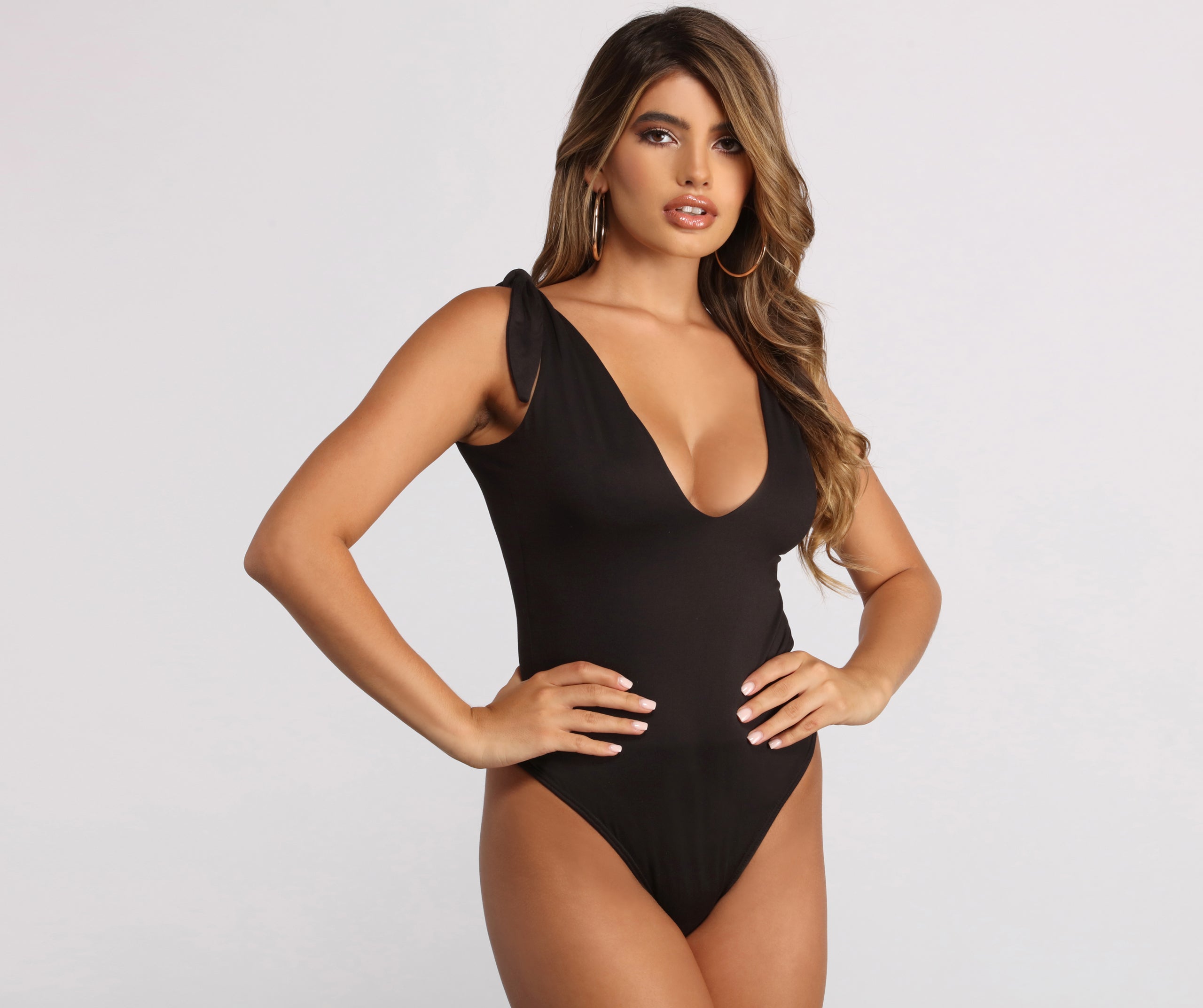 Plunging Tie Strap Basic Bodysuit