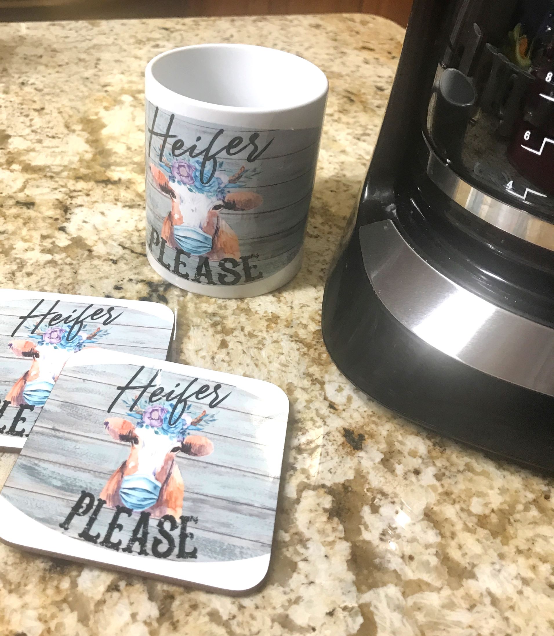 Sweetpolly's Creations Farmhouse Animal Witty Decorative Mug and Coaster Set Handcrafted Drinkware - Heifer Please