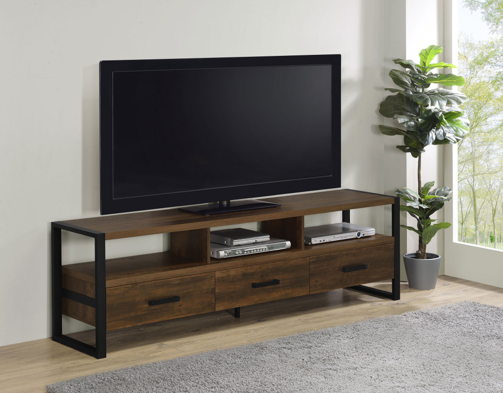 James 3 drawer Composite Wood 71 quotTV Stand Dark Pine   Modern   Entertainment Centers And Tv Stands   by Modon  Houzz